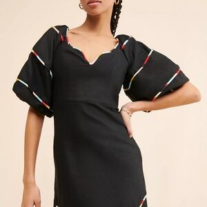 FARM Rio Black Linen Colored Stripes Puff Sleeve Dress